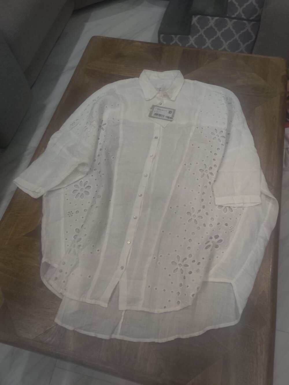 120% LINO Linen Oversized Shirt Size S White Eyelets Embroidered $484.00